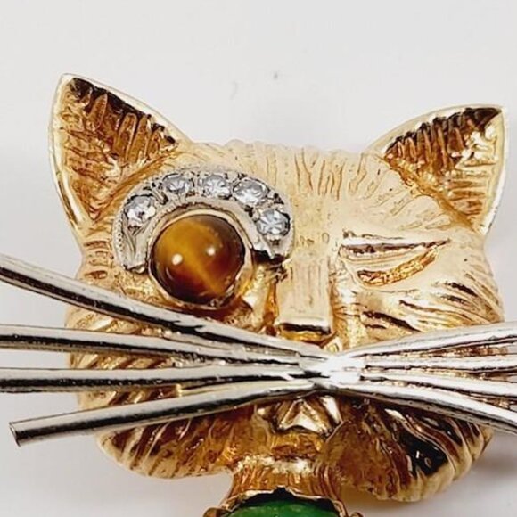 Vintage 14K Gold Winking Cat Pendant Brooch with Gemstones - Picture 11 of 14